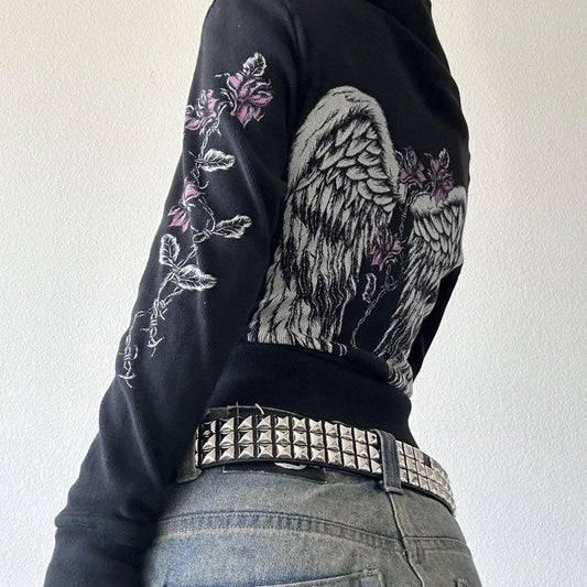 00s Aesthetic Vintage Jacket Y2k Grunge Zip Up Sweatshirt Flower Wings Print Slim Fit Hoodies E-girl Gothic Cool Street Outwear.