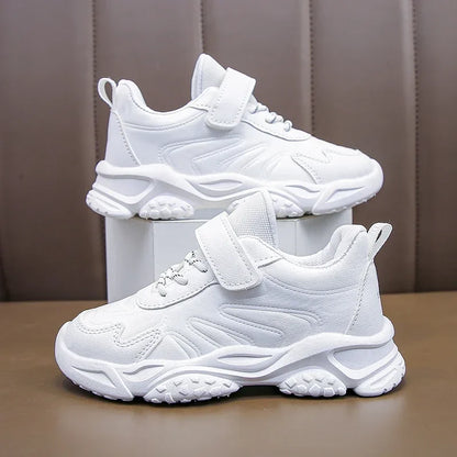 Children White Running Shoes Kids Fashion Sneakers PU Soft Breatheable Comfortable Boys Girls School Sports Shoes Size 26-37.