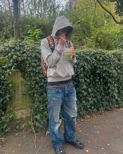 Y2K Gray Sports Hoodie Retro Smoke Print Sweater Men Women New Fashion Vintage Classic Hip Hop Streetwear Clothing Loose Jacket.