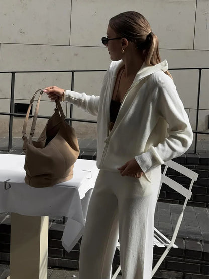 Tornova Zipper Strickjacke Pullover Anzug Weibliche Gestrickte Langarm Casual Mantel Breitbeinig Hosen Pullover frauen Zwei Stück Set