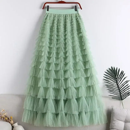 Chamliforve Women Tulle Mesh Skirt Elegant Elastic Waist Fairy Long A-line Tutu Skirt for Spring Summer Long Cake Skirt