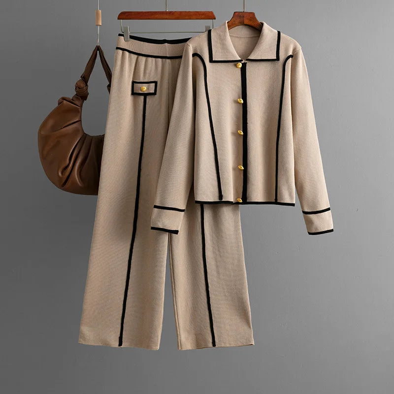 Women Sweater 2 Piece Suit Pullover Knitted Wide Leg Pants Muslim Sets Knitwear Single Breasted 2025 Outfits Autumn Winter.