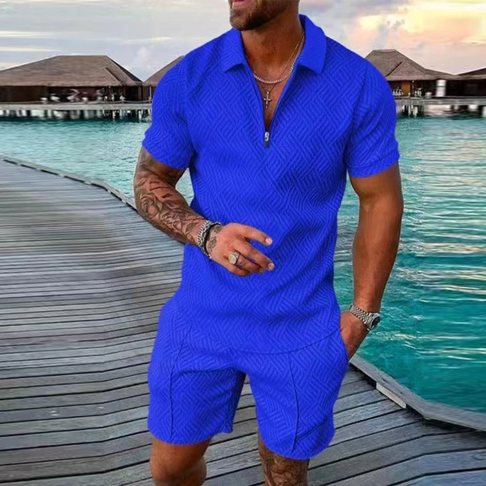 Casual Mesh Lapel short-sleeved Pullover + Shorts Solid Thin Sportswear set, Black suit, men's Sportswear T-shirt Set.