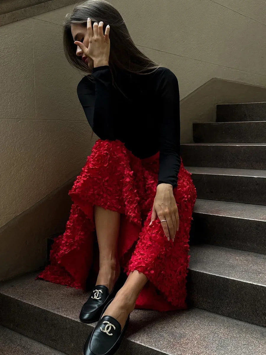 Bornladies Winter Red Fashion Long Petal Skirt Women's Design Inspired Evening Gown Elegant Lady Unique High Waisted Skirt.