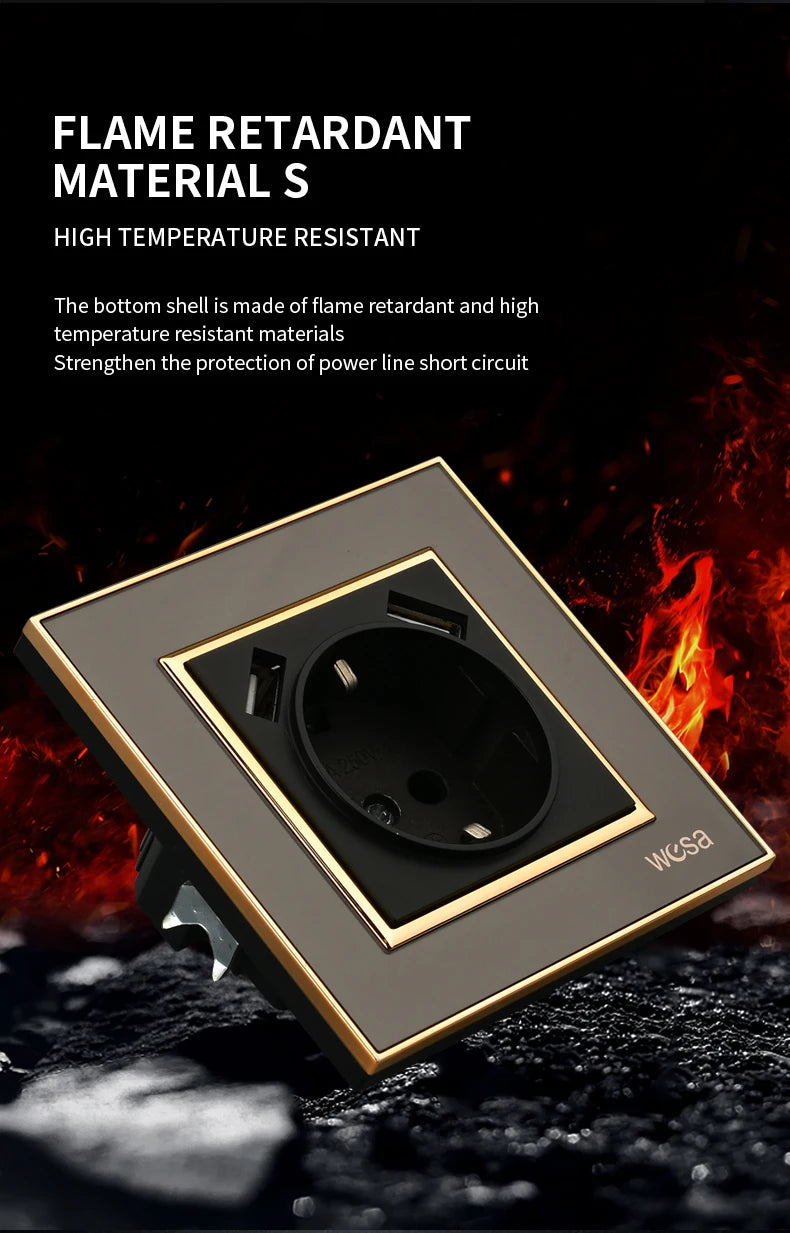 WESA Schwarze Spiegel-Acryl-Steckdose mit 2 USB-Steckdosen nach EU-Standard, Standard-Erdungsstecker, Steckdose, flammhemmend.