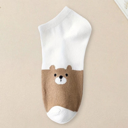 5 Pairs Women Cartoon Patterned Socks Trendy Versatile Breathable Sweat Wicking Deodorizing Antibacterial Comfortable Socks.