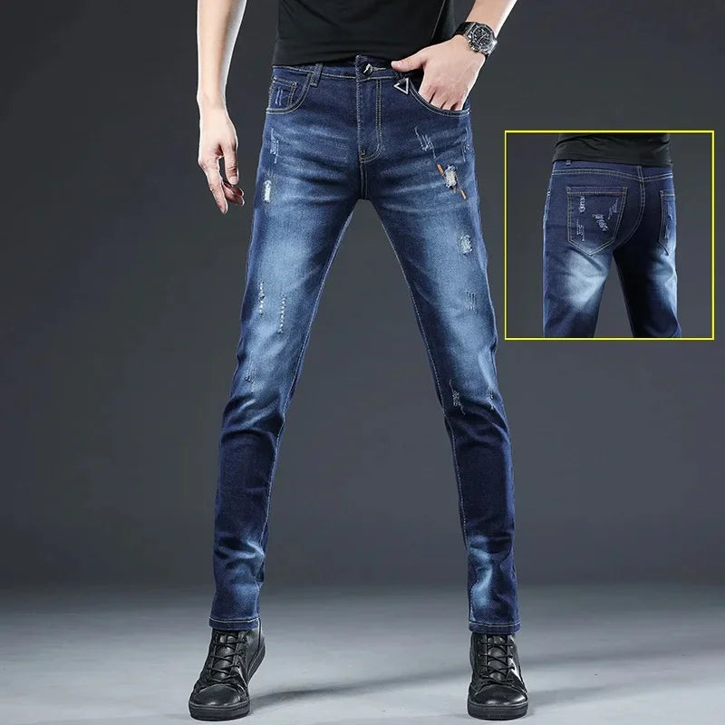 Slim Fit Men's Jeans Casual Elastic Korean Style Autumn Grey Trendy Long Pants Versatile Slim Legged Casual Trousers