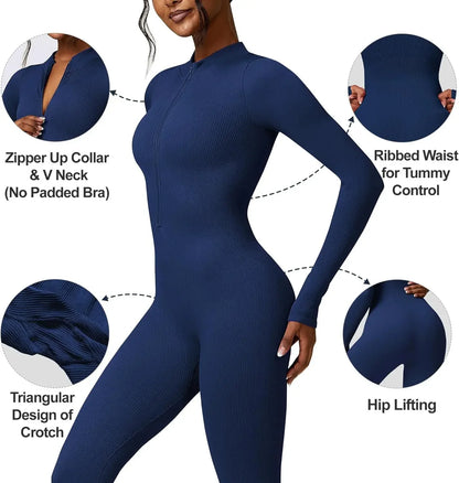 Seamless Long Sleeve Yoga Suit Waist-Fitted Shaping Trousers Casual Sports One-Piece Zippered Fitness Wear.