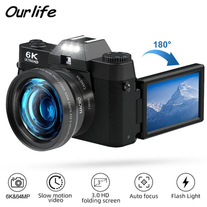 Ourlife 6K Compact Digital Photography Camera 64MP 16X Digital Zoom 180° Flip Screen WiFi Vintage Vlog Video Recorder YouTube.