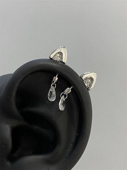 Silver Color Cat's Ear Droplet Shaped Zircon Stainless Steel Ear Bone Nail Earring for Women New Trendy Body Piercing Accessorie.