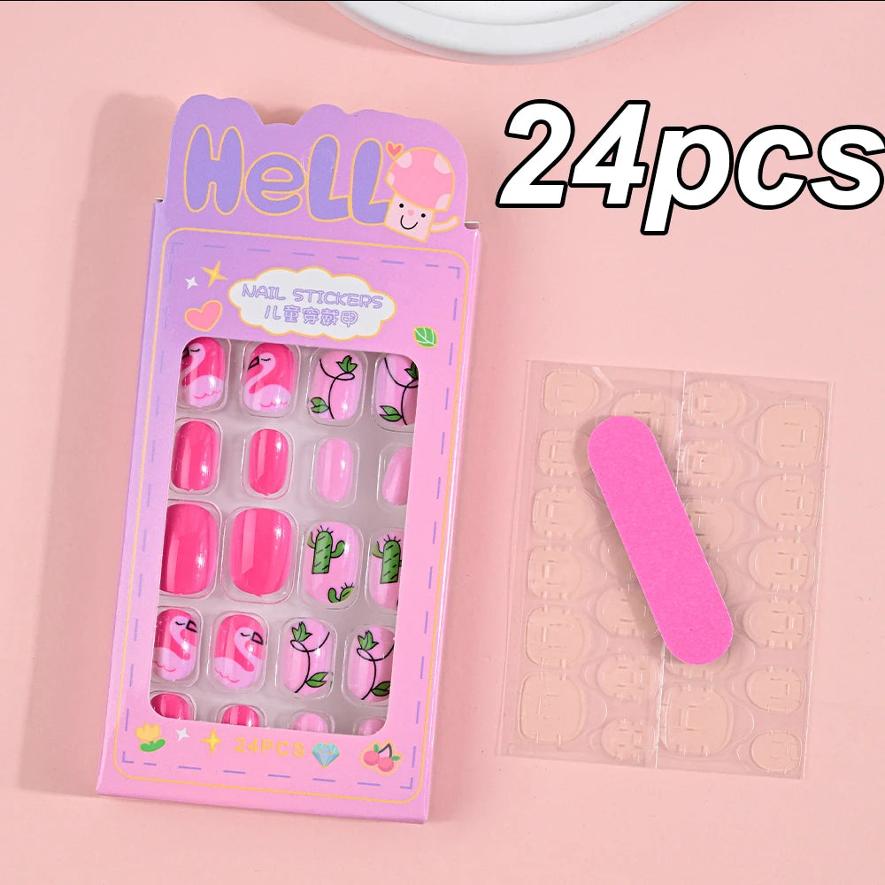 120pcs/box Pink Cartoon Children Press On Nails Candy Color Unicorn Cat Bunny Kids Full Cover False Nail Girls Party Nail Decora