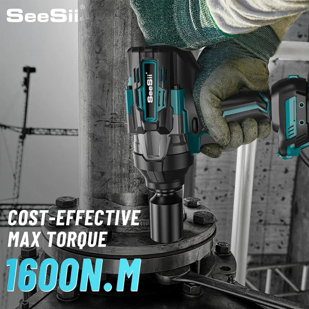 Seesii 1600NM Akku-Schlagschrauber-Set, bürstenloser elektrischer Schraubenschlüssel, 3/4 Zoll Schlagpistole mit 3/4 Zoll bis 1/2 Zoll Adapter, LKW-Auto-Reparaturwerkzeuge