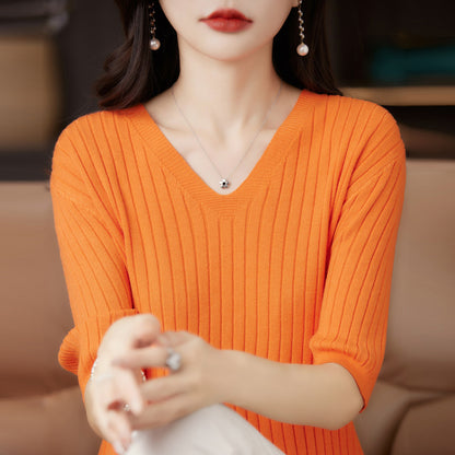 Frauen Pullover Frühling Sommer Kurzarm V-ausschnitt Strick Hemd Casual Koreanische Pullover Streifen Bodenbildung Shirt Slim Fit Jumper