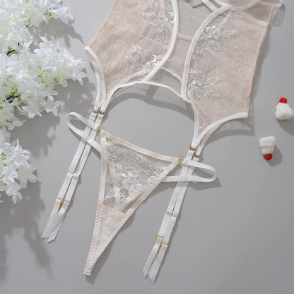 French Style Sweet Flower Embroidery Lingerie Women's Sexy Mesh Love Ring Decor Complex Underwear Female Perspective T-back Suit