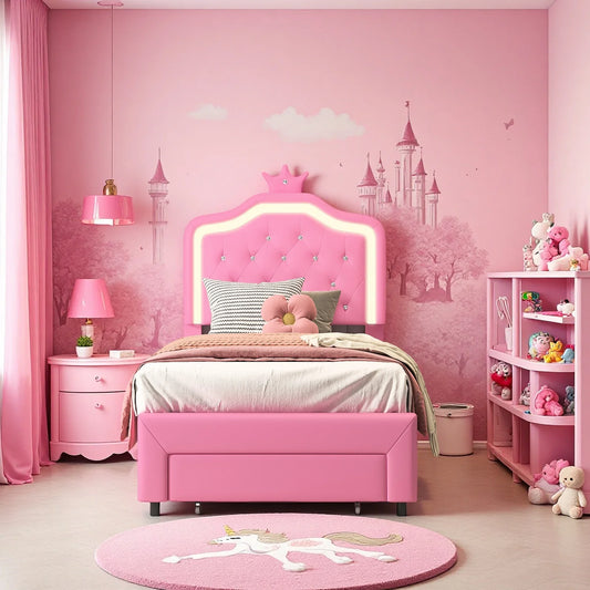 Rosahqnda Kinderbett, gepolsterter Bettrahmen, Krone, Kopfteil, Schubladenschrank, verstellbare Kopfteil-Lederoberfläche