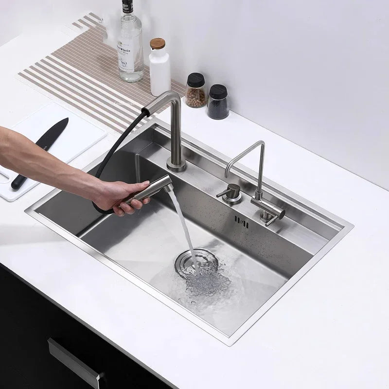 Hidden Stainless Steel Kitchen Sinks Modern Kitchen Accessories with Cover Kitchen Sink Dish Drainer Light Luxury Single Tank L