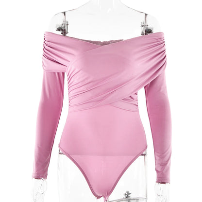 New Solid Sexy Off Shoulder Bodysuits Women Fashion Crossed Folds Skinny Rompers Long Sleeve Fashion Streetwear Autumn Bodysuits
