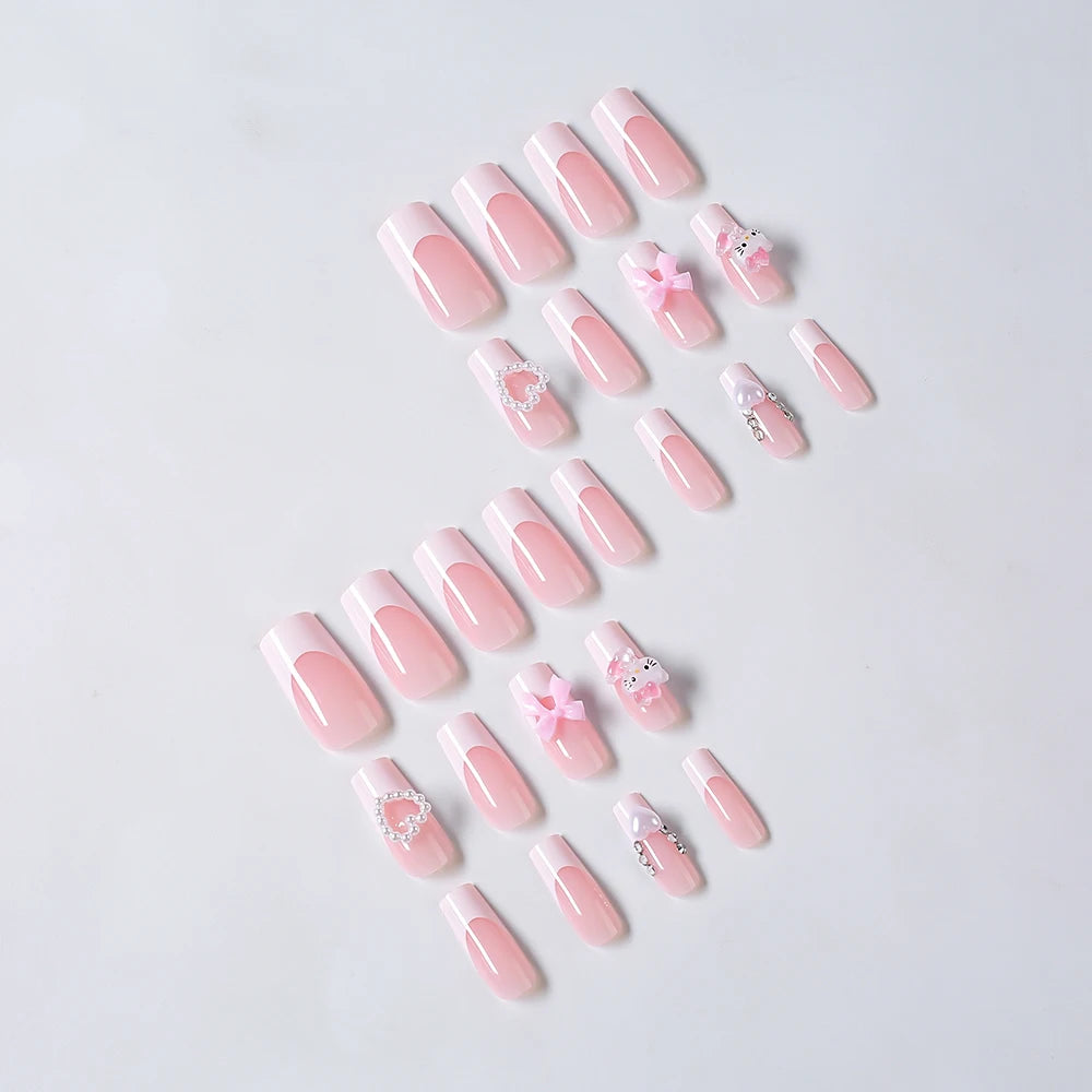 24Pcs Long Square Pink Hello Kitty False Nails French Wearable Full Cover Fake Nails Kitty Cat Bow Heart Design Press On Nails.