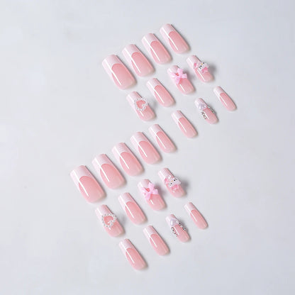 24Pcs Long Square Pink Hello Kitty False Nails French Wearable Full Cover Fake Nails Kitty Cat Bow Heart Design Press On Nails.