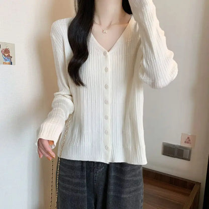 Women's Long-sleeved Button Cardigan Solid Color Casual Loose Fashion Top