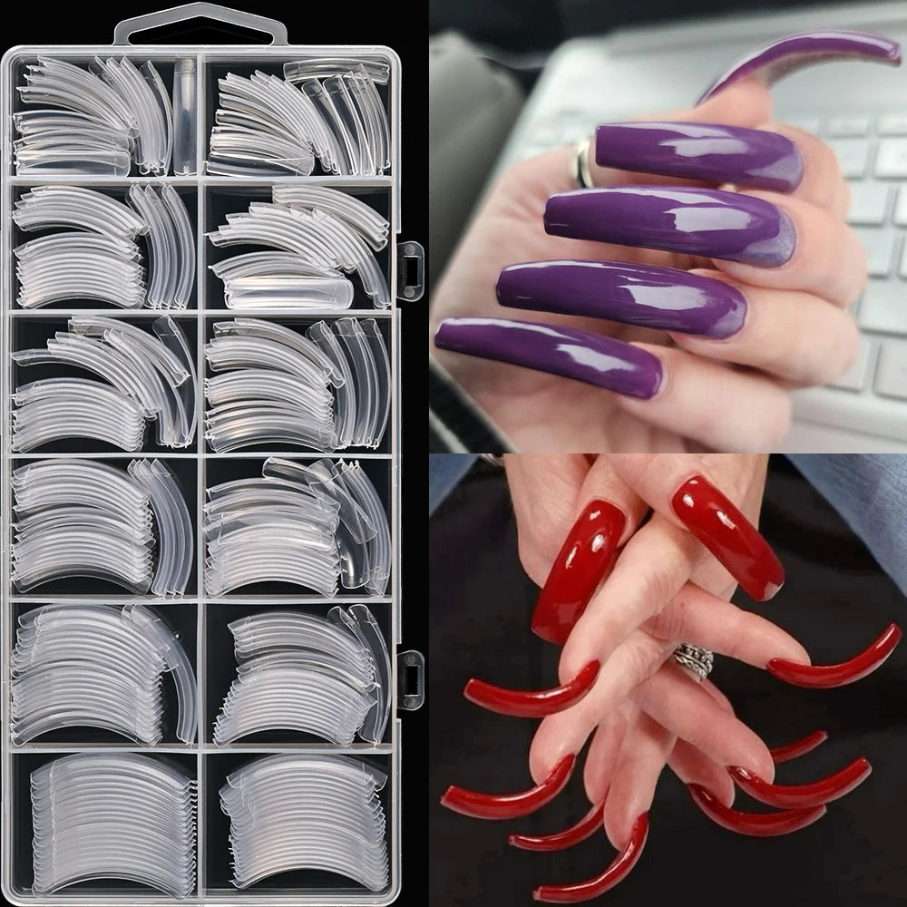 240Pcs/Box Extra Long Bend False Nails 12-Sizes Full Cover Press On Nail Clear/White/Black Building Extension Fake Fingertips *&.