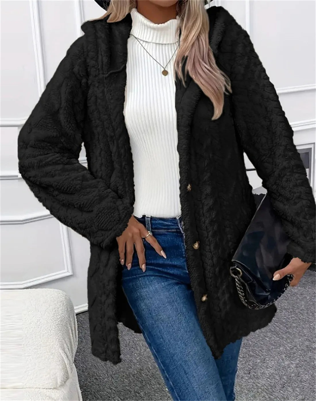 Women Cardigan Hoodie Jacket Autumn Winter Argyle Textured Pattern Hooded Irregular Hem Buttons Fleece Oversized Outerwear Coat.