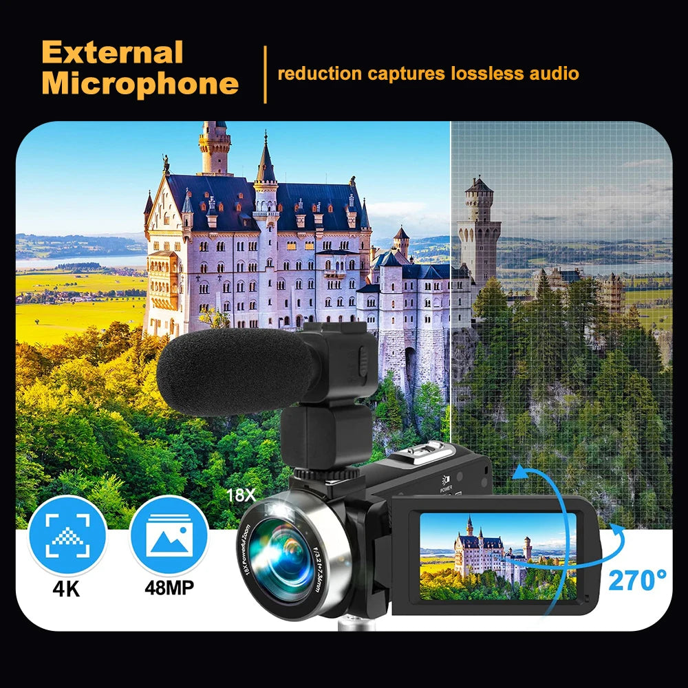 4K Portable Digital photography Camera 2 in1 Photo Video Record DV Travel Video Camera 18X Zoom 3'' Rotatable Screen With Flash.