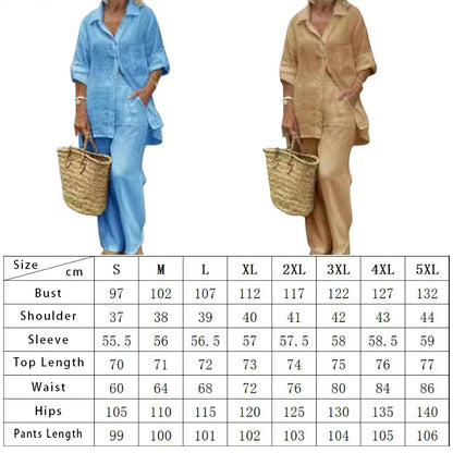 New Cotton Linen Suit Women's Tracksuit Oversize Shirt Loose Pants Set Female Trendy Daily Casual Fashion Ladies 2 Piece Sets.