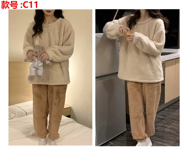 Winter Fleece Women Pajamas Set  Sleepwear Solid Velvet 2 Piece Pant Home Suit Fluffy Casual Warm Flannel Night Wear.