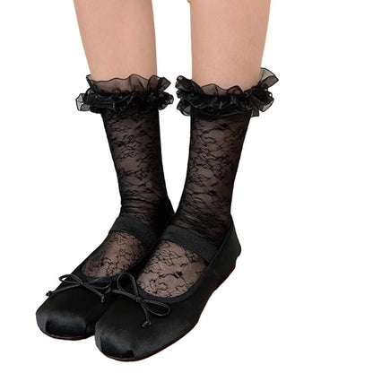 Women Lolita Transparent Mesh Crew Socks Sweet Ruffled Lace Trim Bowknot Cute Love Heart Pattern Anime Princess Hosiery