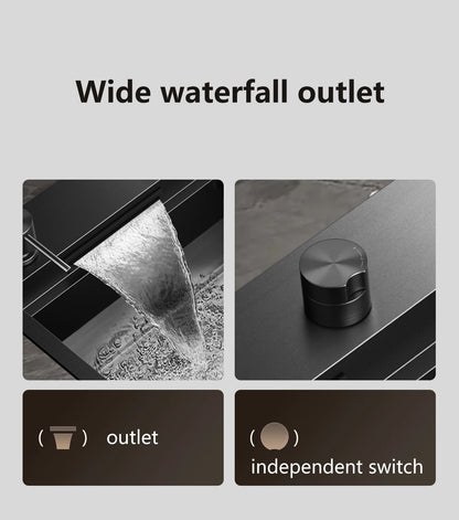 ASRAS large kitchen stainless steel nano sink with built-in waterfall faucet and large drainage outlet design