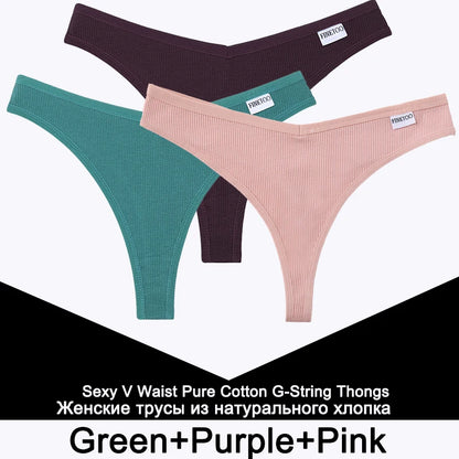 FINETOO 3PCS/Set G-string Panties Cotton Women's Underwear Sexy Panty Female Underpants Thong Solid Color Lingerie T-Back Design