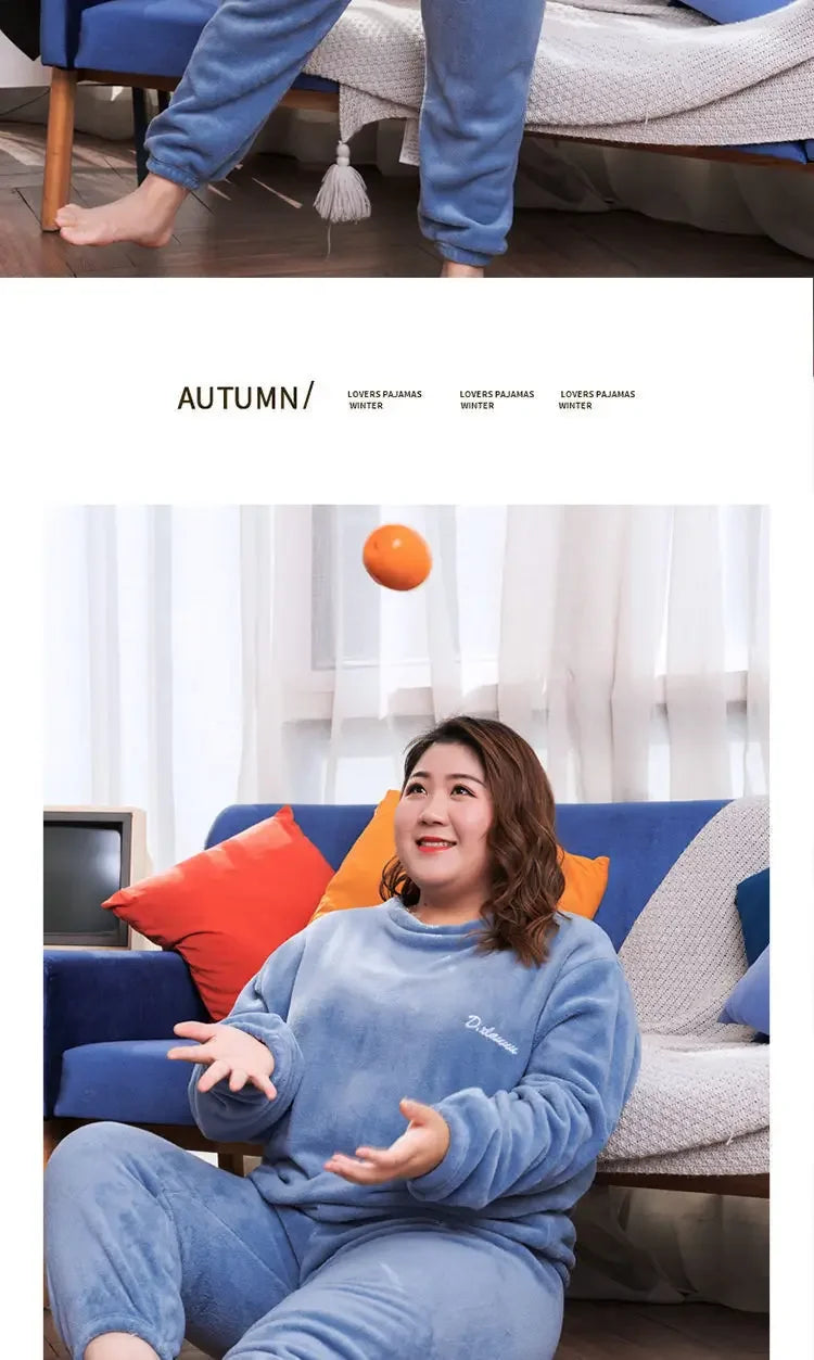 Winter Pajamas Coral Fleece Warm Pajamas Set Thick Long Sleeve Large Size 85kg Outside Pajamas Elastic Waist Trousers Pajama Set.