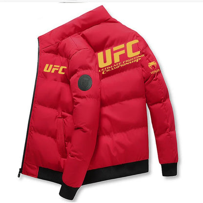 2025UFC new thick jacket, warm cotton-padded jacket, winter casual sports down jacket, stand-up collar windproof jacket.