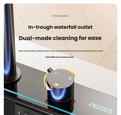 Household Intelligent Stainless Steel Kitchen Sink Digital Display Waterfall Wash Dish Basin Honeycomb Emboss Large Single Slot