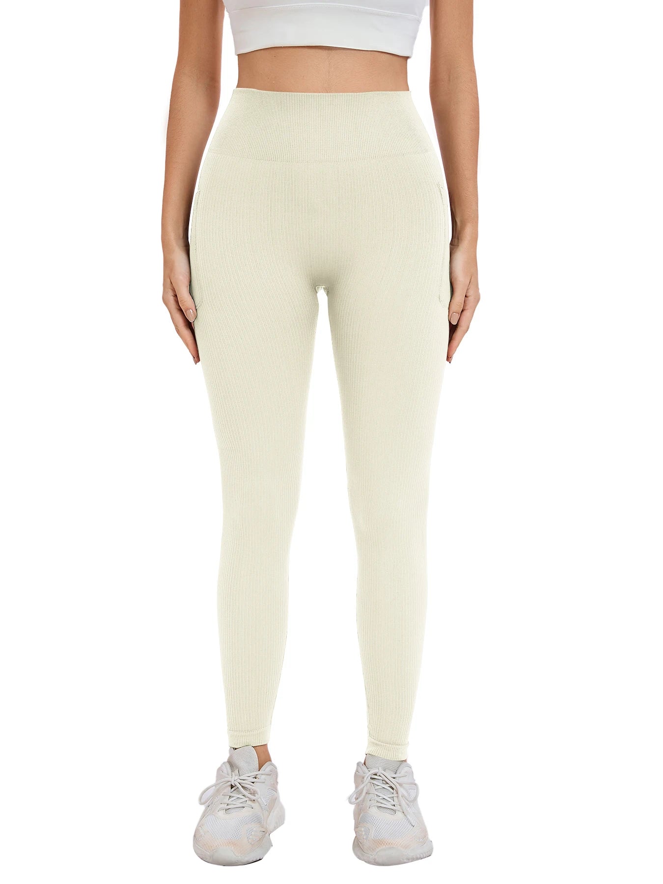 Women's solid color threaded sports leggings seamless cross-border yoga pants high-waisted fitness pants Yoga wear with pocket.