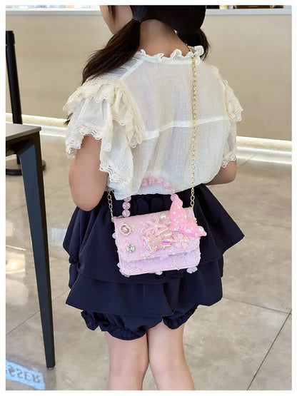 Lovely Sequin Girls Square Shoulder Bag Fish Tail Starfish Princess Crossbody Bags Bead Handle Children's Small Handbags Purse