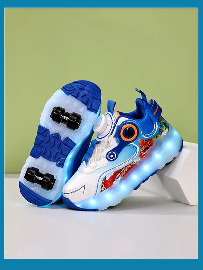 Children Four Wheels Luminous Glowing Sneakers Black Pink Led Light Roller Skate Shoes Kids Led Shoes Boys Girls USB Charging.