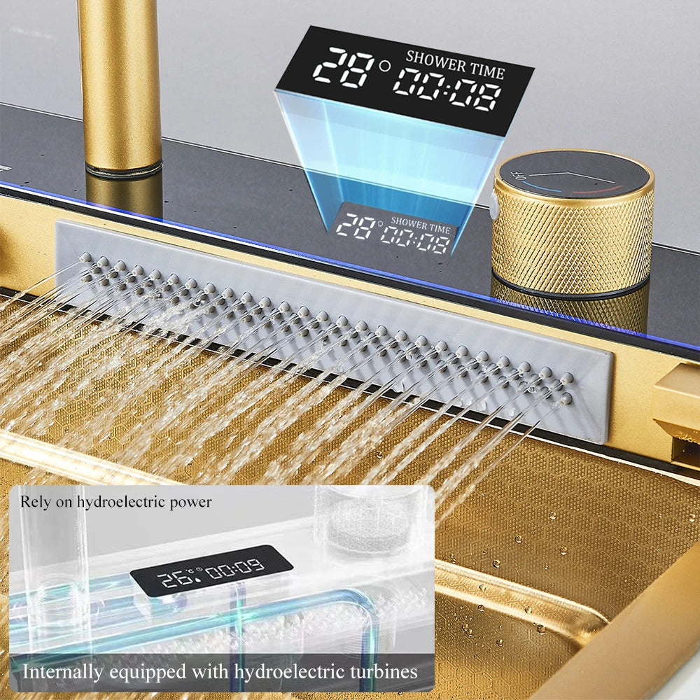 Multifunktionales Wasserfall-Spülbecken für die Küche, Digitalanzeige, großes einzelnes graues Spülbecken, Spülbecken, Spüle aus Edelstahl 304