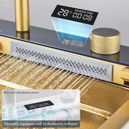 Multifunktionales Wasserfall-Spülbecken für die Küche, Digitalanzeige, großes einzelnes graues Spülbecken, Spülbecken, Spüle aus Edelstahl 304