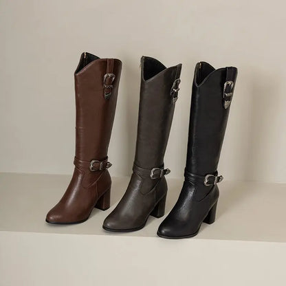 Girseaby British Style Women Knee High Boots Round Toe Block Heel 7.5cm Zipper Plus Size 51 52 Fashion Riding Bota