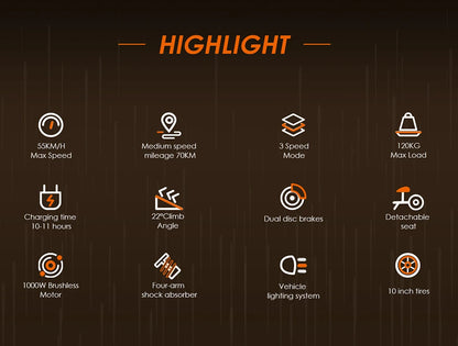 KuKirin G2 Max Electric Scooter 10 "Off-road Tire 1000W 55 Km/h Max Speed 48V 20.8Ah 70km Range Detachable Seat Adjustable Heigh.