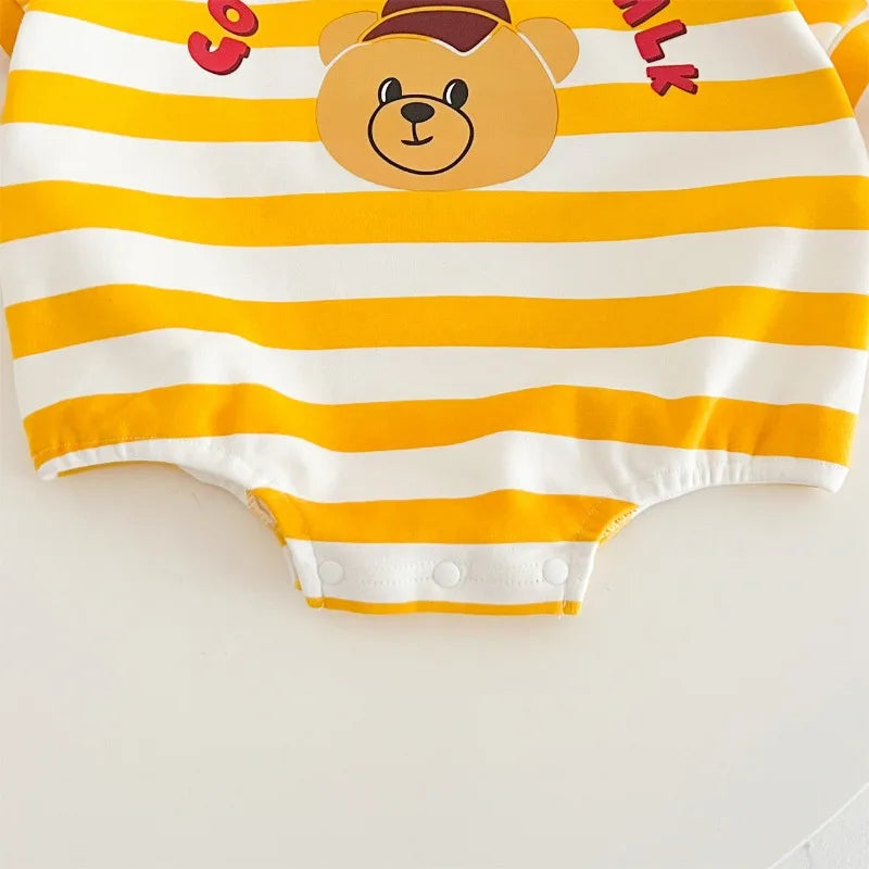 Gelbe Kollektion Frühling Herbst Baby Mädchen Junge Rundkragen Lange Ärmel Cartoon Bär Body/Strampler Neugeborenen Overall K31266.