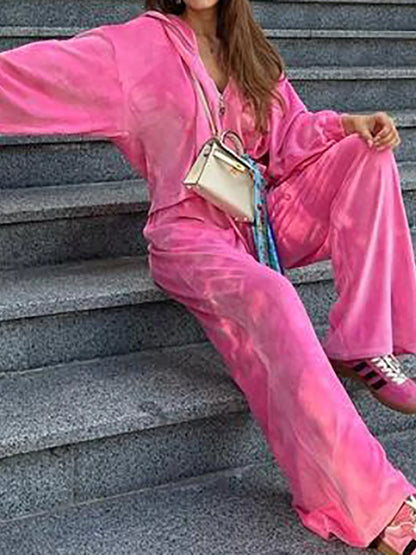 Women Autumn Hooded Coat Two Pieces Sets, Solid Patchwork Wide Leg Pants Chic Outfit, New Long Sleeve Casual Simple Ladies Suits.