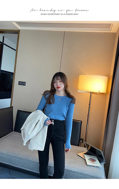 2025Oansatz Rippen Langarm Koreanische Dünne Weibliche Pullover Frauen Pullover Stricken Weiche Jumper Tops Geraffte Herbst Winter Tops