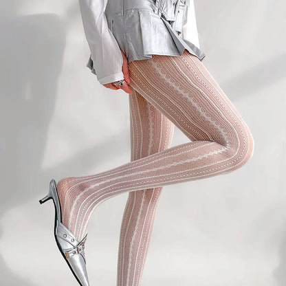 Female Vintage Fishnet Lace Pattern Tights Hollowed Rhombus Striped Geometric Jacquard Pantyhose Anti-pilling JK woman Legging