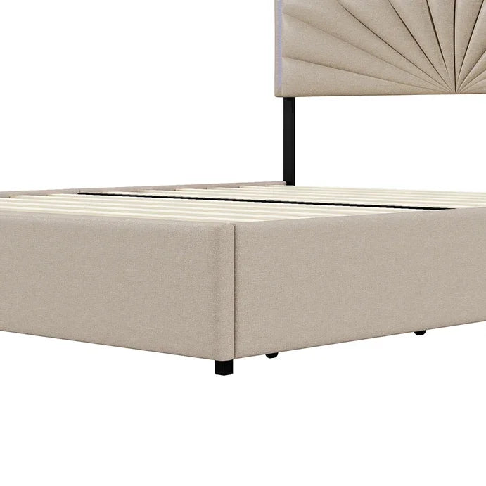 Lazyspace Beige-Leinen-Polsterbett, Doppelbettrahmen, Stauraumbett mit 4 Schubladen und höhenverstellbarem Kopfteil mit RGB-LED