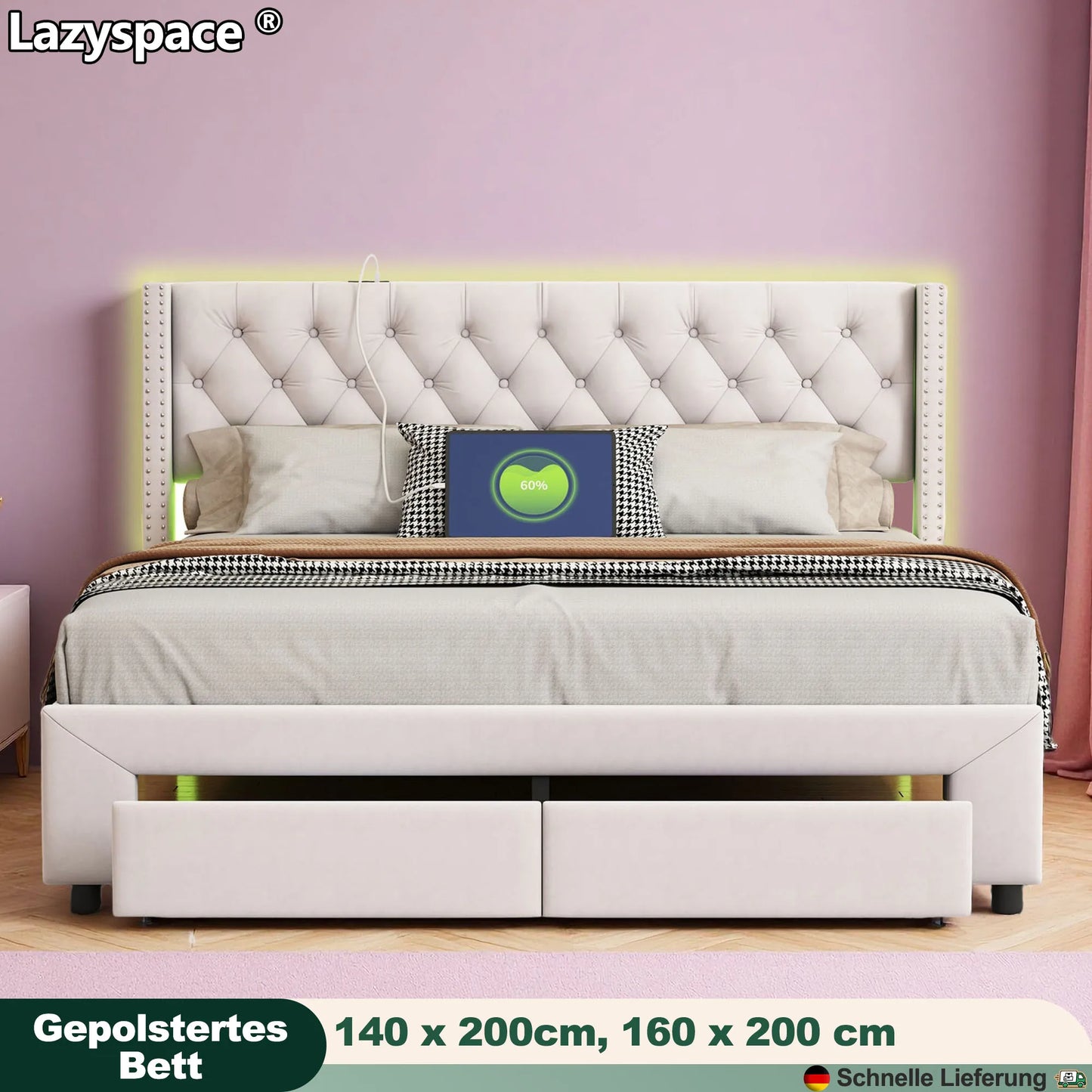 Lazyspace Samtpolsterbett, Doppelbett mit LED-Beleuchtung und USB, hydraulischer Bettrahmen mit Stauraum und 2 Schubladen