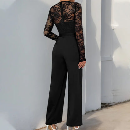 Woman Black Lace Sleeve Jumpsuit Round Neck Belted Waist Ideal for Evening Parties and Cocktail Events.