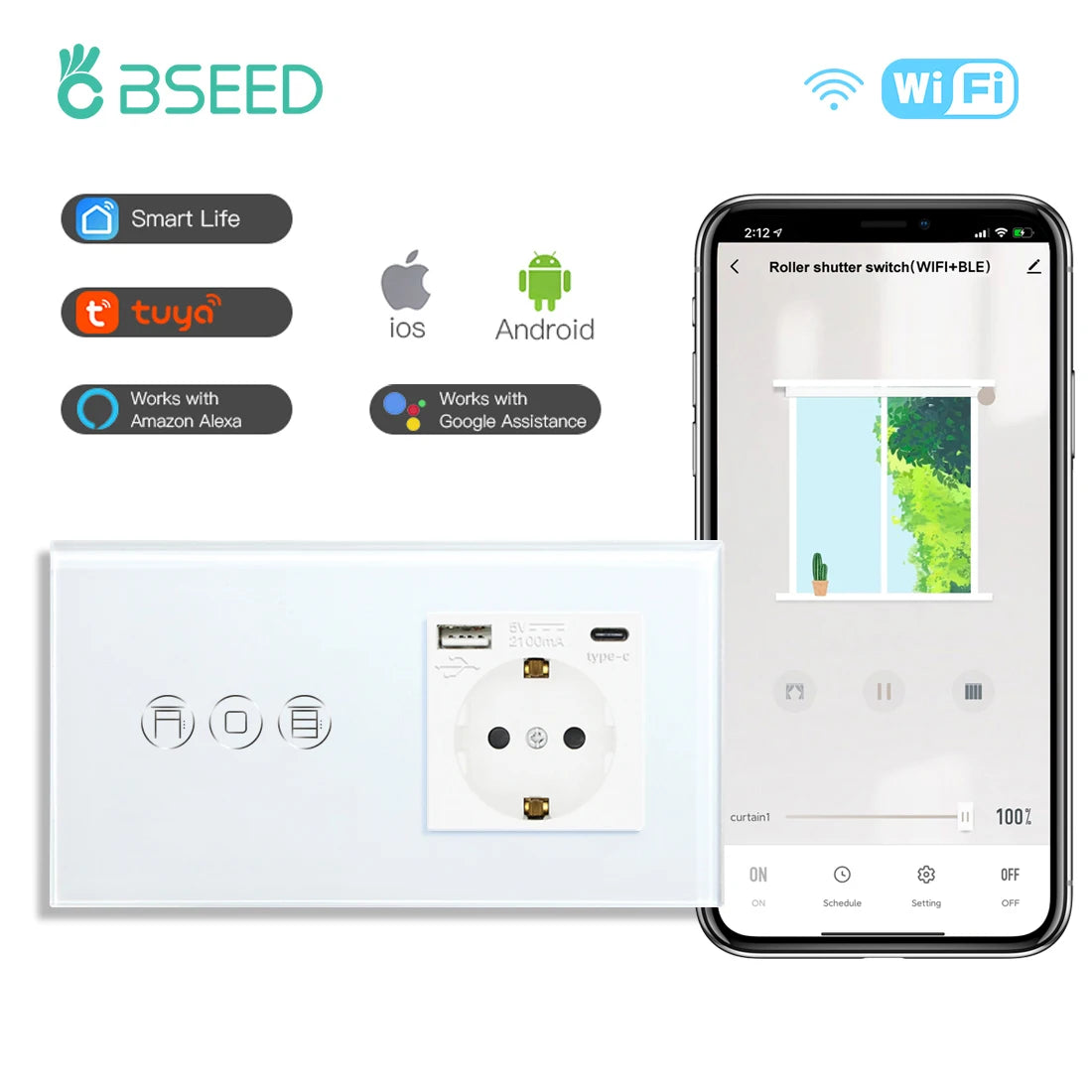 BSEED Wifi Shutter Schalter APP Control Led Smart Blind Serie Weiß Glas Panel Unterstützung Tuya Google Smart Leben Rollladen